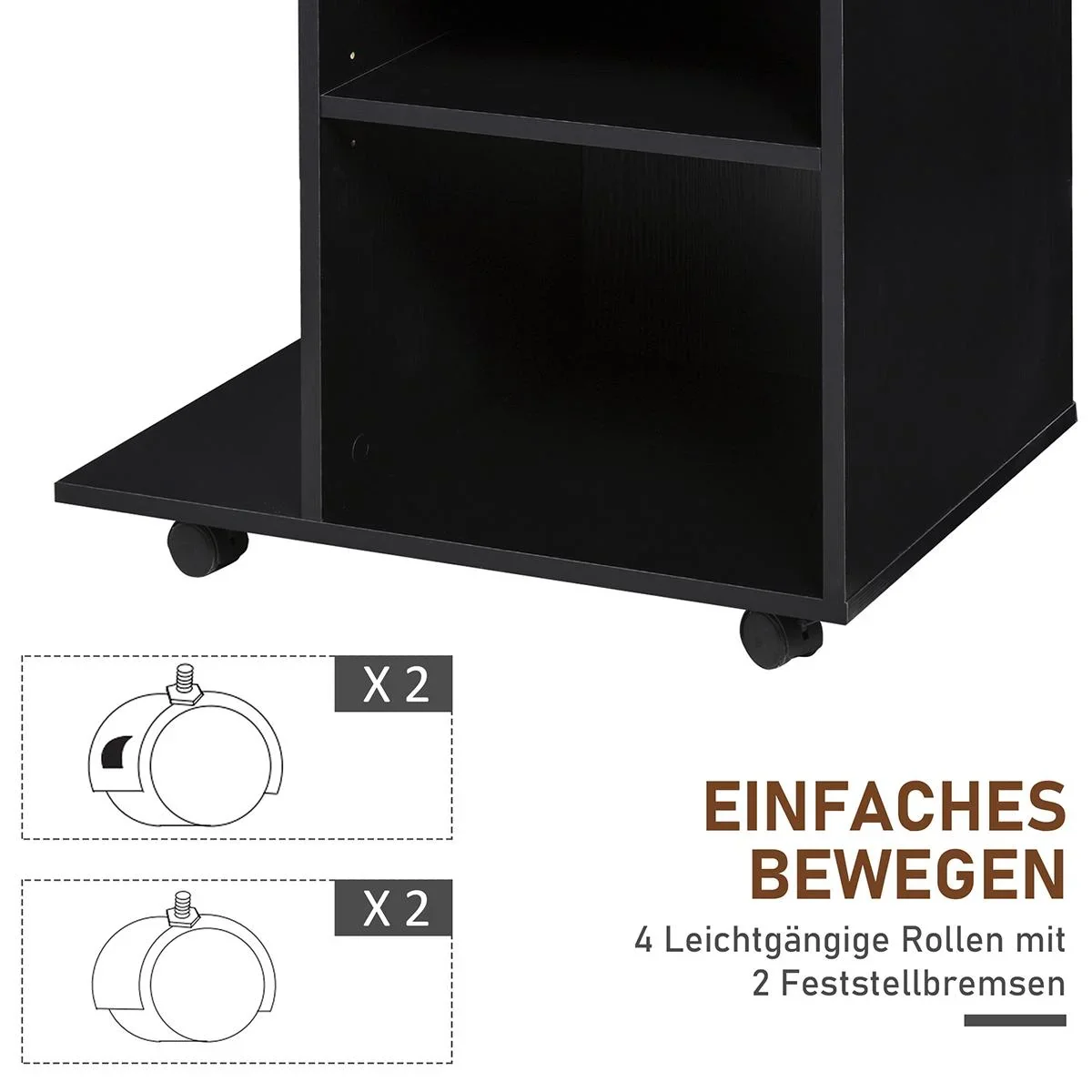 Druckertisch, Druckerständer, Bürowagen, Rollwagen mit Schublade+2 Ablagen+CPU-Ständer, Spanlatte, Schwarz, 60 x 40 x 68 - 0