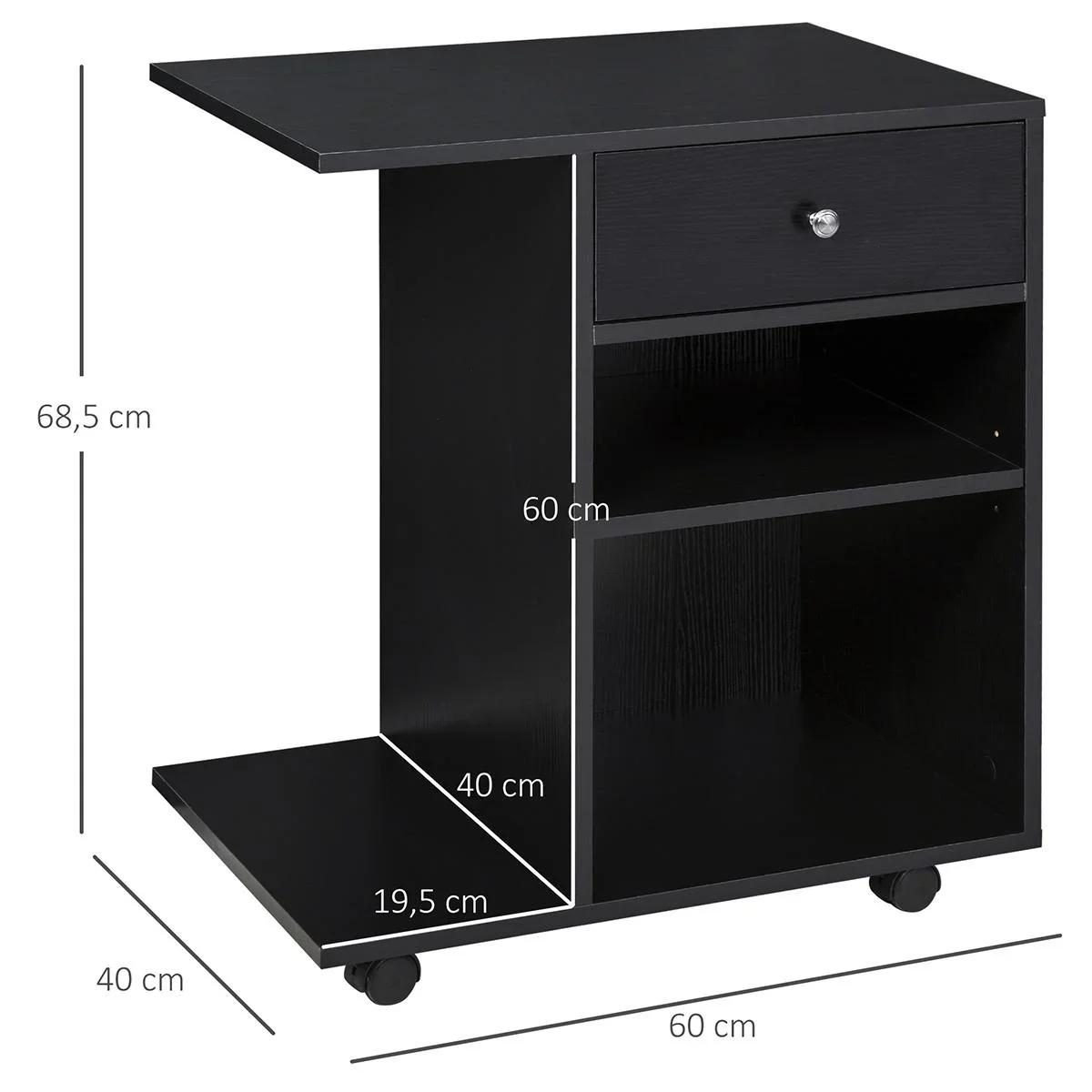 Druckertisch, Druckerständer, Bürowagen, Rollwagen mit Schublade+2 Ablagen+CPU-Ständer, Spanlatte, Schwarz, 60 x 40 x 68 - 4