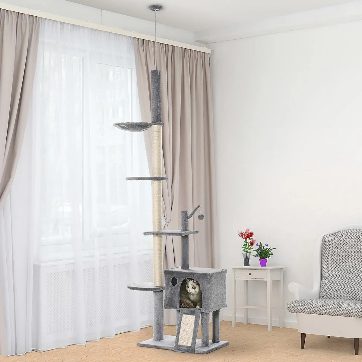 Kratzbaum Katzenbaum Deckenhoch Kletterbaum mit Spielbaum Katze Sisal Plüsch Hellgrau höhenverstellbar 60 x 40 x 238-270 - 0