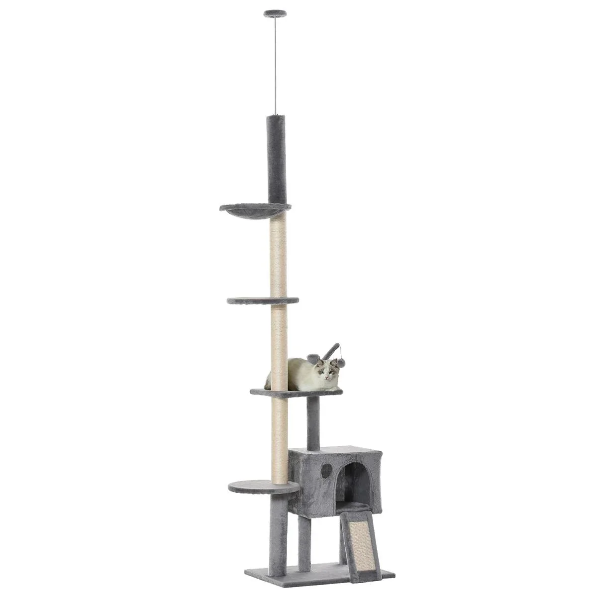 Kratzbaum Katzenbaum Deckenhoch Kletterbaum mit Spielbaum Katze Sisal Plüsch Hellgrau höhenverstellbar 60 x 40 x 238-270 - 1