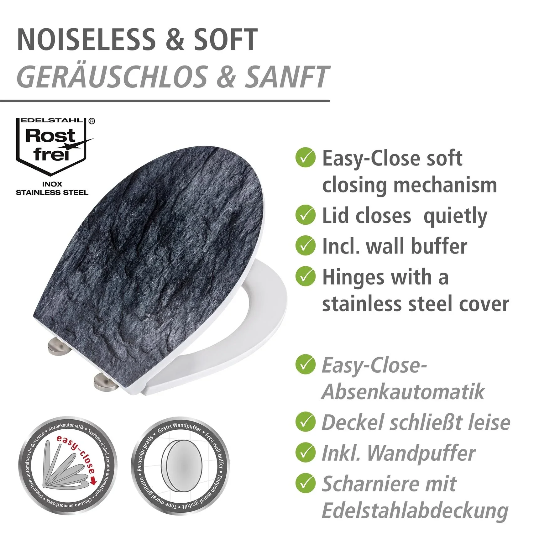 Premium WC-Sitz Slate Rock mit Relief, aus antibakteriellem Duroplast, mit Absenkautomatik - 5