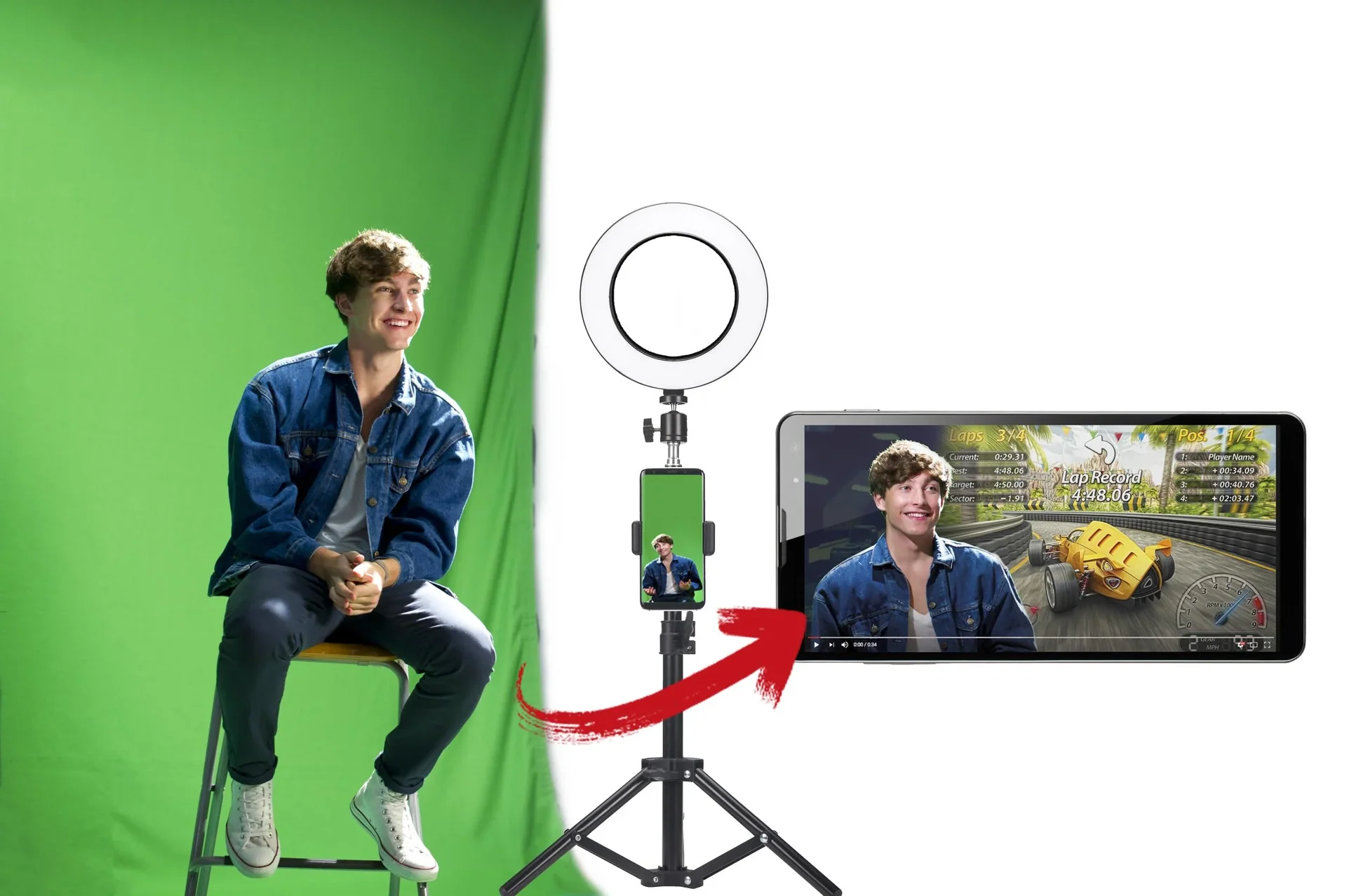 MyStudio Studio Kit mit Green Screen, Stativ mit Smartphone-Halterung, Mikrofon und Videoleuchte - 4