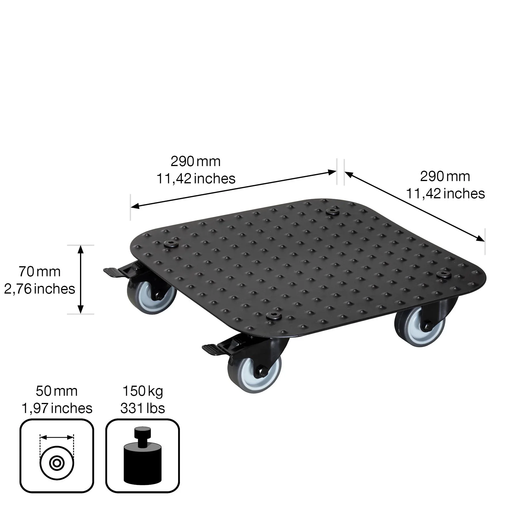 Multi Roller MR 7008, 29 x 29 x 7,5 cm, softe Rollen Ø 50 mm, Gleitlager, 2 Bremsen, Alu Riffelblech, Tragkraft 150 kg - 1