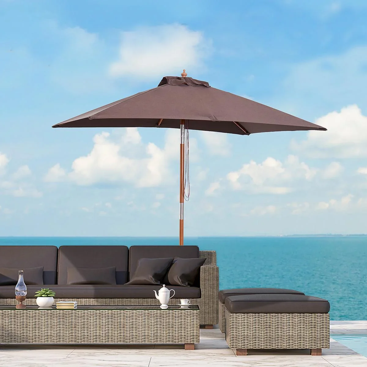 Sonnenschirm Knickbarer Gartenschirm Strandschirm 3-stufig einstellbar Tannenholz+Polyester Kaffee 200 x 150 x 230 cm - 2
