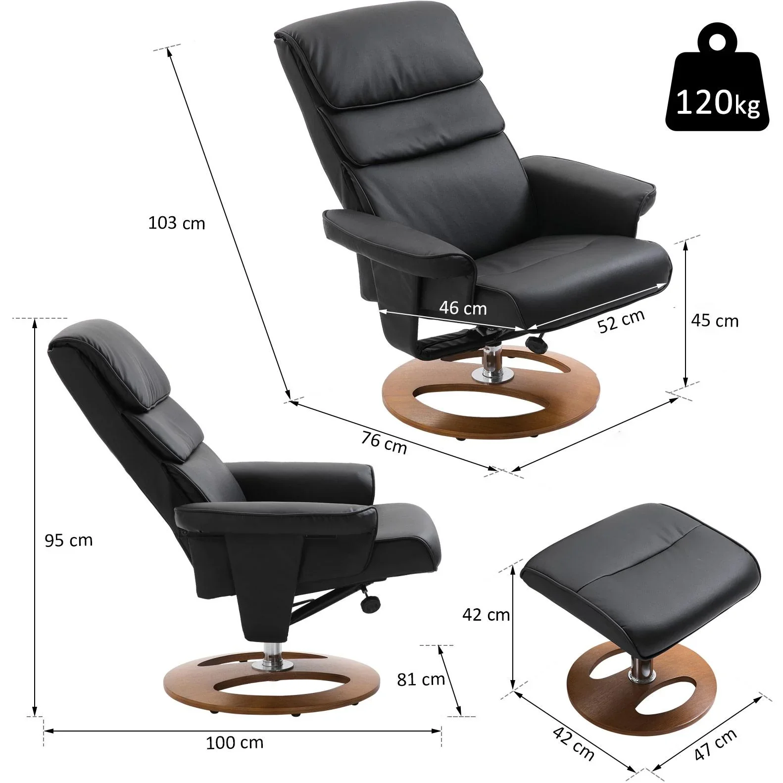 Relaxsessel mit Hocker Fernsehsessel Polstersessel 360° drehbar 120° neigbar PU-Bezug Holzfuß - 1