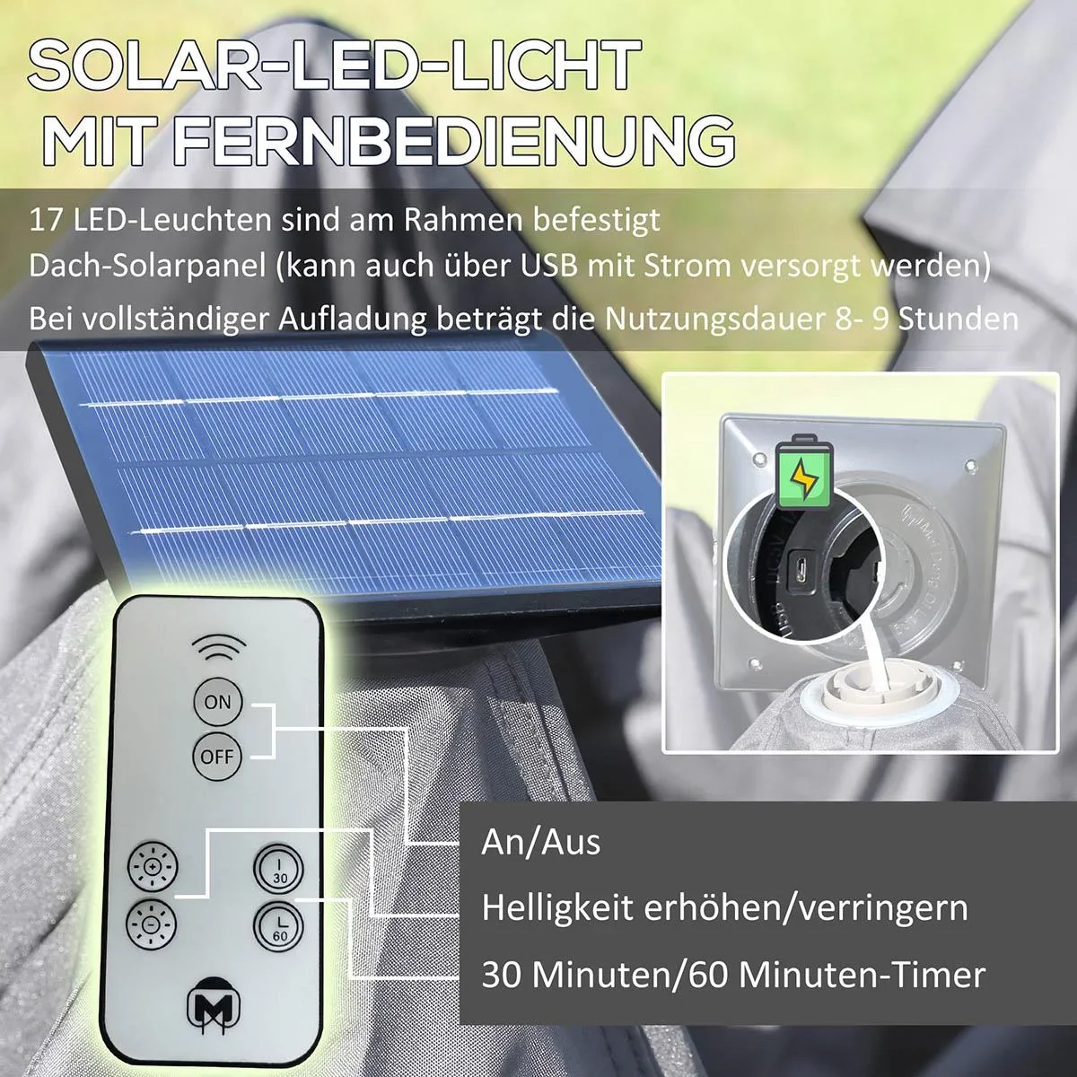 Pavillon Faltpavillon mit LED Solar Lichterkette USB-Ladeanschluss Pop-Up-Pavillon 3,3 x 3,3 m Gartenpavillon inkl. Tasc - 1