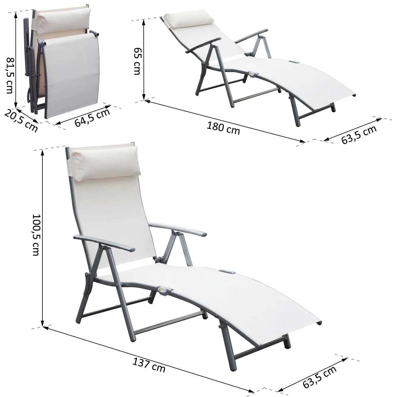 Sonnenliege Strandliege Relaxliege klappbar mit Kissen Cremeweiß 137 x 63,5 x 100,5 cm - 5