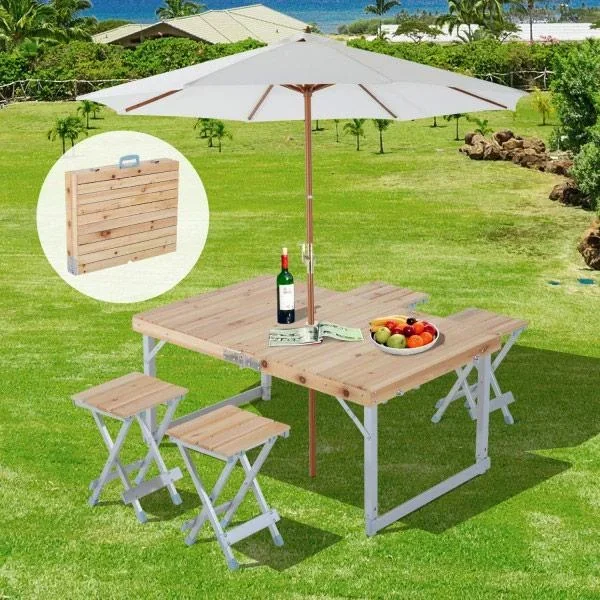 Holz 5tlg Campingtisch Set Picknick Koffertisch Alu - 1