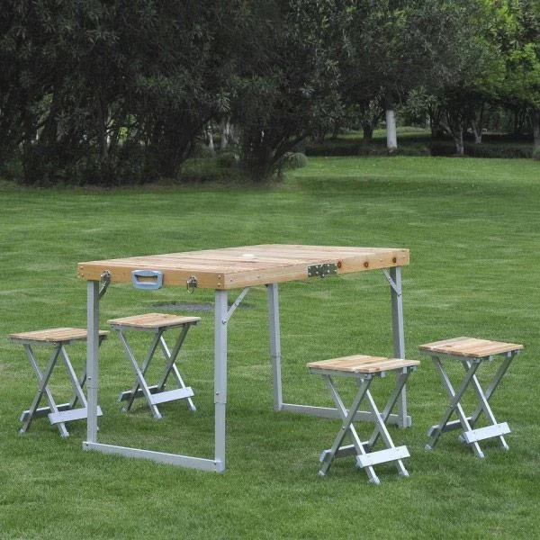 Holz 5tlg Campingtisch Set Picknick Koffertisch Alu - 2