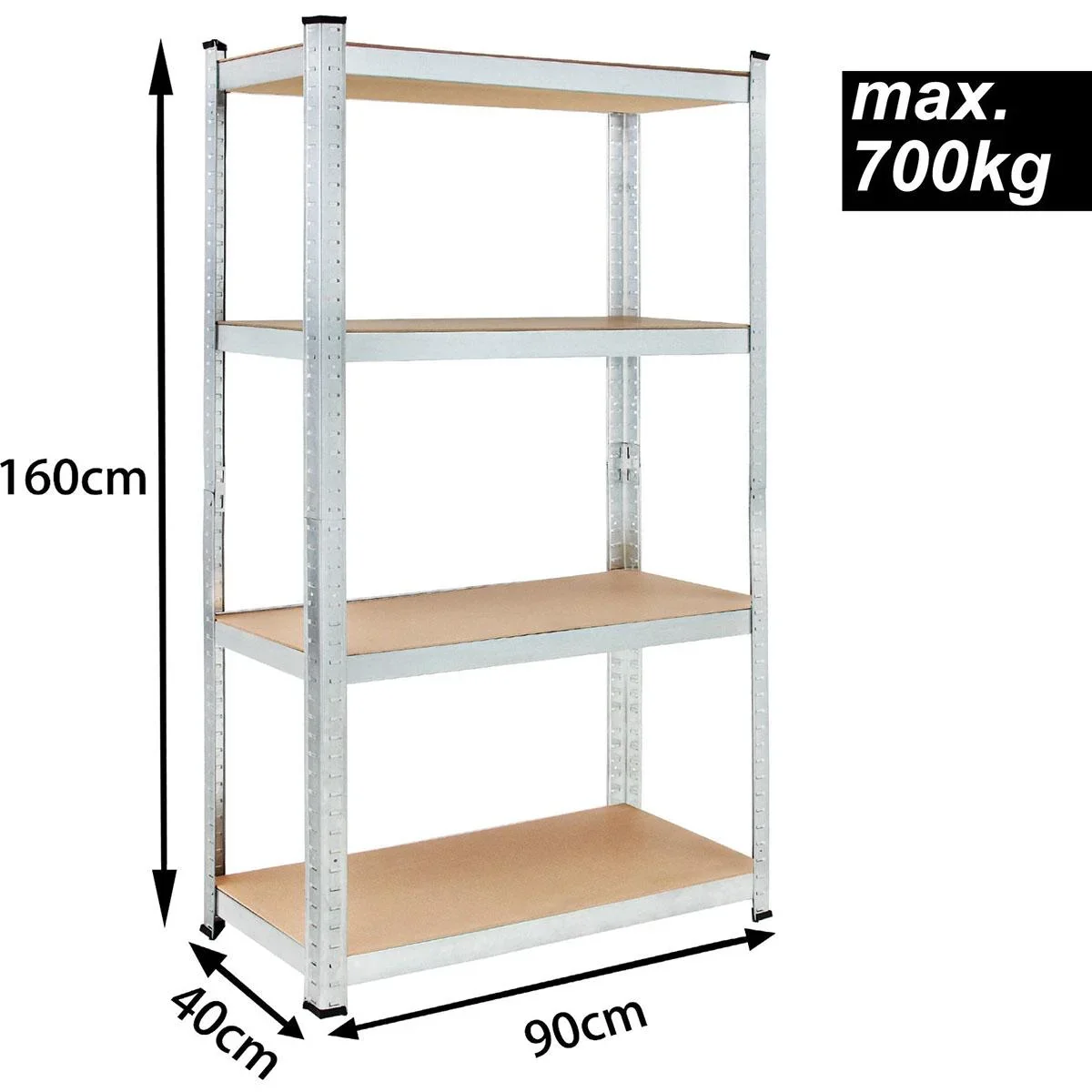 Metallregal mit 4 Fachböden - 700kg Kapazität - (HxBxT) 160x90x40 cm - 175kg pro Fachboden - 2 STUKS - 0