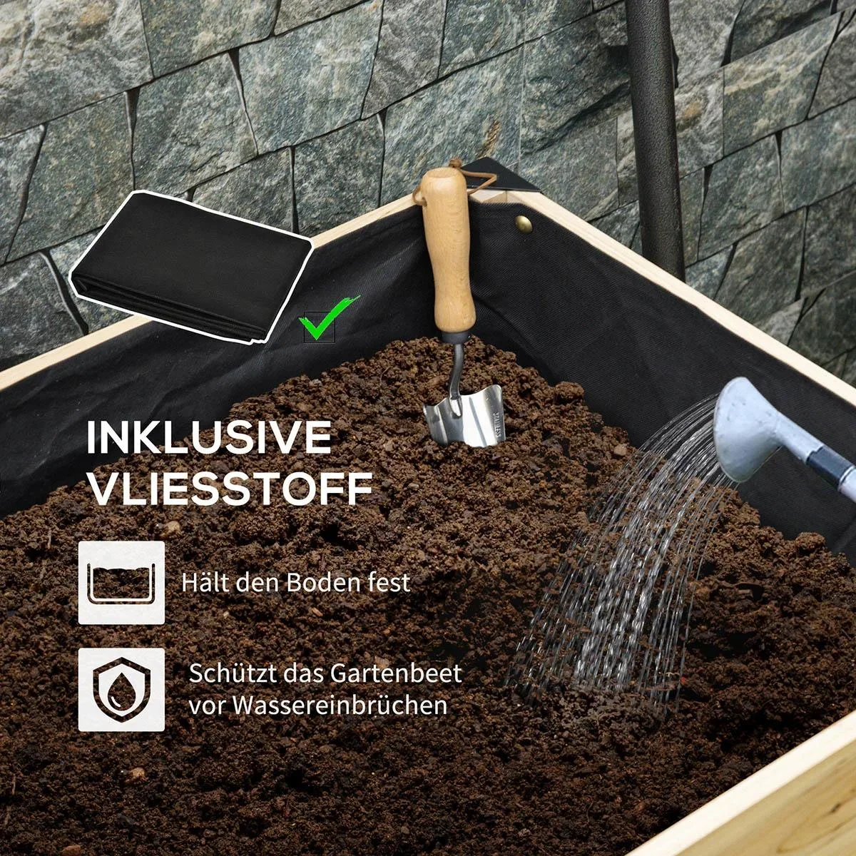 Hochbeet Pflanzkasten Blumenkasten Blumentopf Kräuterbeet mit Vliesstoff Massivholz Stahl Natur+Schwarz 80 x 60 x 74 cm - 3