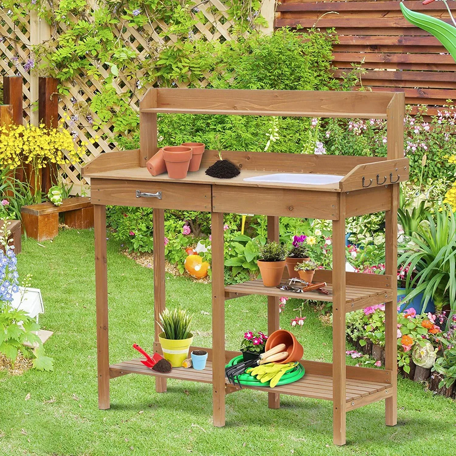 Pflanztisch mit Wanne Tannenholz H112cm Natur - 1