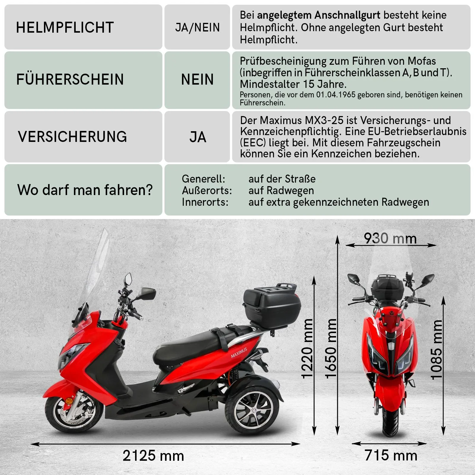 Maximus MX3-25 2 Akku Version 60V 32,5 Ah Lithium Akku , 1500W , 2 Personen Zulassung mit Topcase - 6