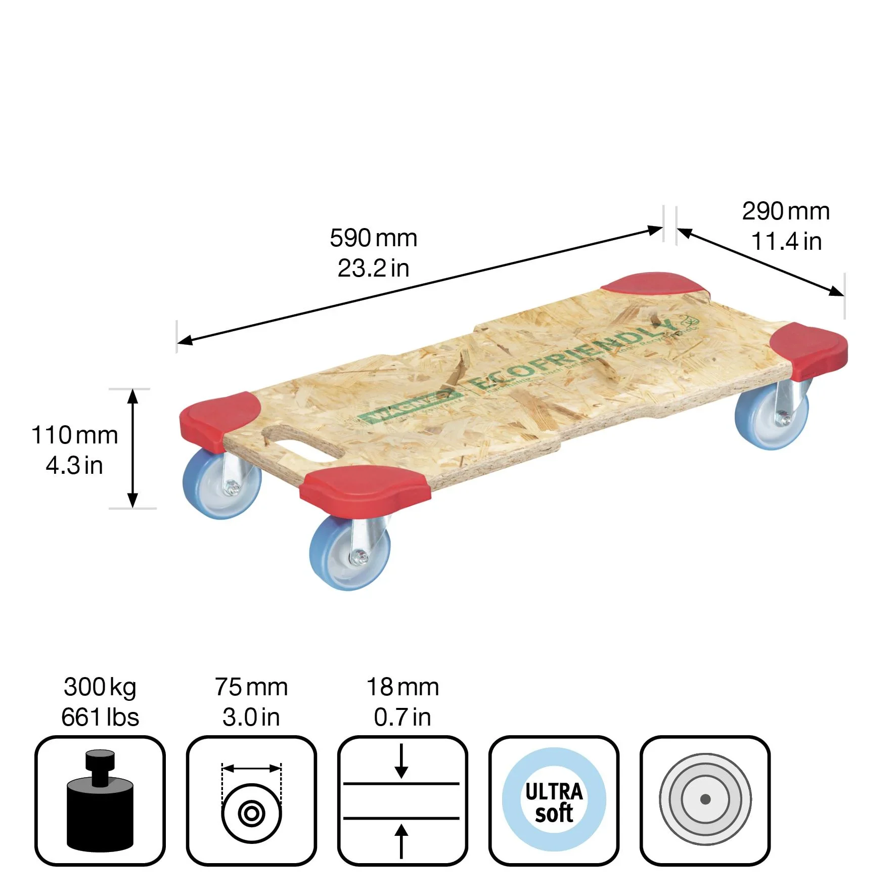 Transporthilfe MM 1322, 59 x 29 x 11 cm, softe Rollen Ø 75 mm, Gleitlager, OSB Platte, CO2-neutral, Tragkraft 250 kg - 0
