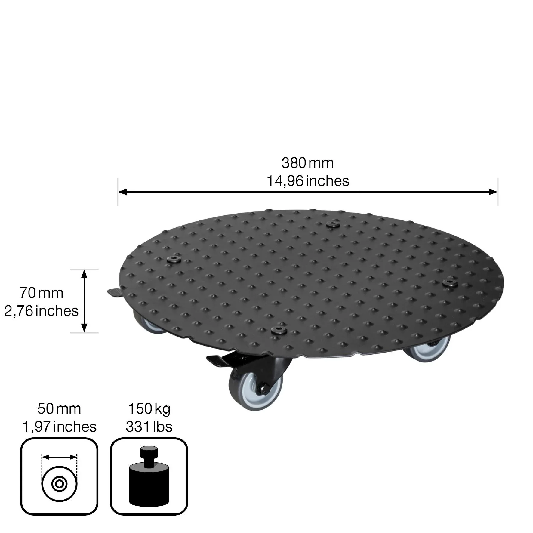 Multi Roller MR 7006, Ø 38 x 7,5 cm, softe Rollen Ø 50 mm, Gleitlager, 2 Bremsen, Alu Riffelblech, Tragkraft 150 kg - 3