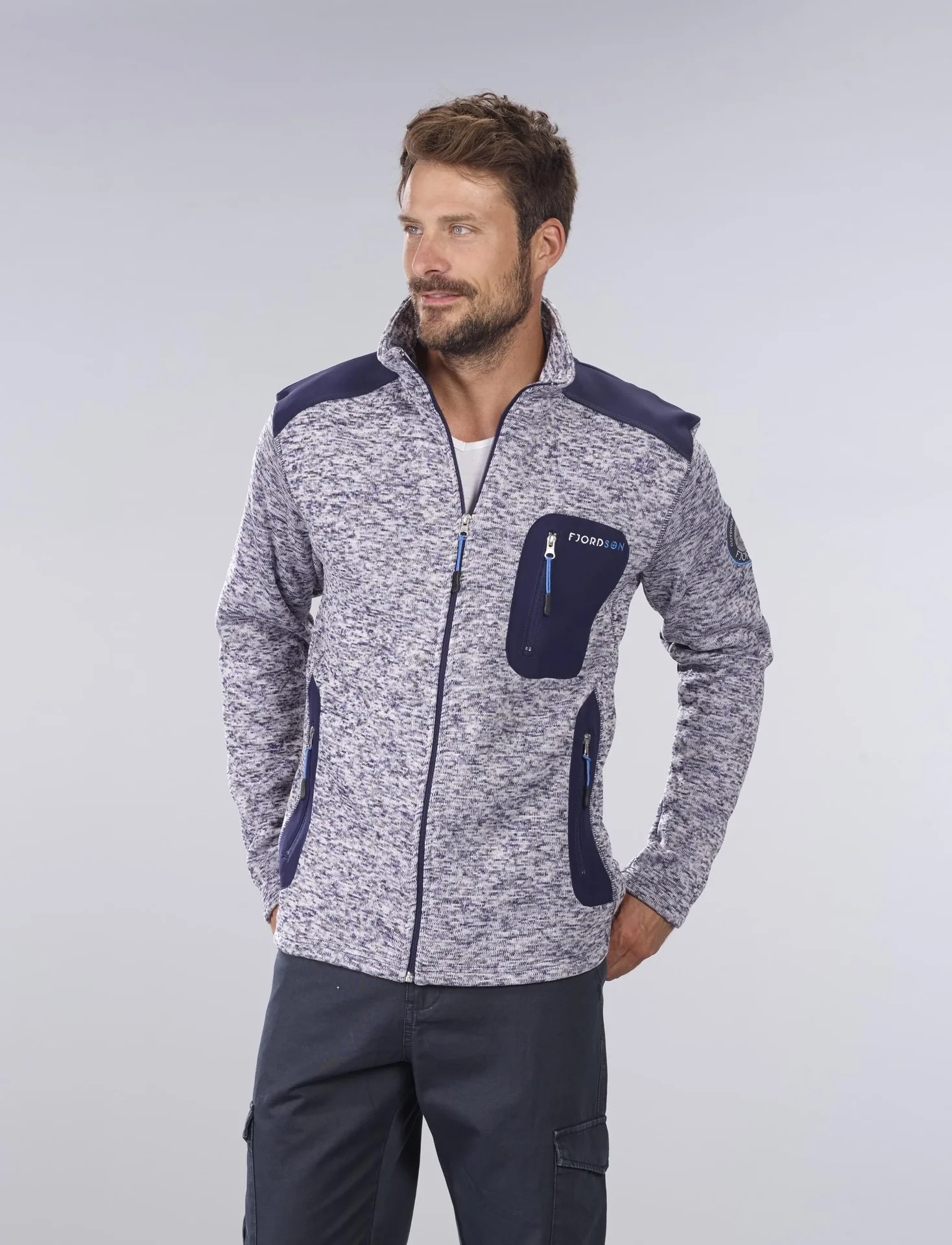 Strickfleece Jacke mit Reißverschluß, Farbe marine/grau melange, Gr. XL - 3
