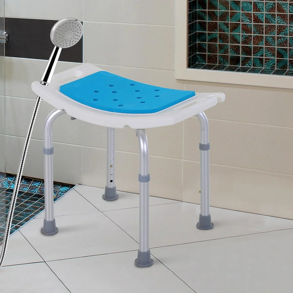 Duschstuhl Badehocker 6-stufig einstellbar Badestuhl Duschsitz Badehilfe Aluminium-Legierung PE EVA Blau+Weiß+Silber 52 - 0