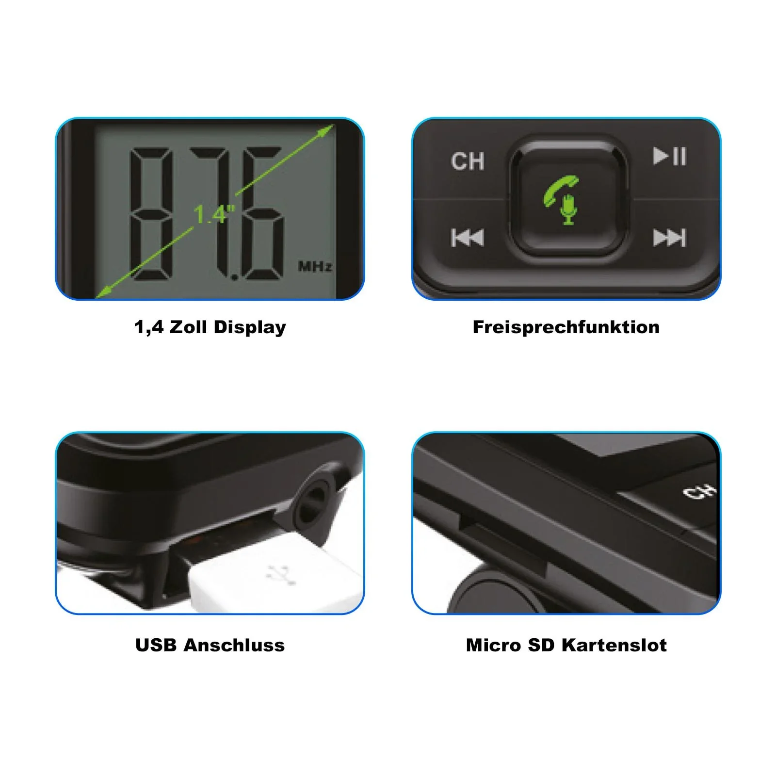 Bluetooth FM Transmitter mit Freisprechfunktion + USB Kfz Ladegerät mit Nothammer - 1