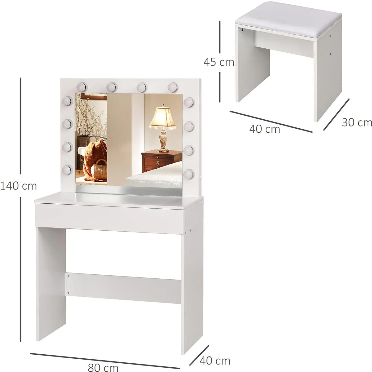 Frisierkommode mit Hocker und LED-Beleuchtung - 5