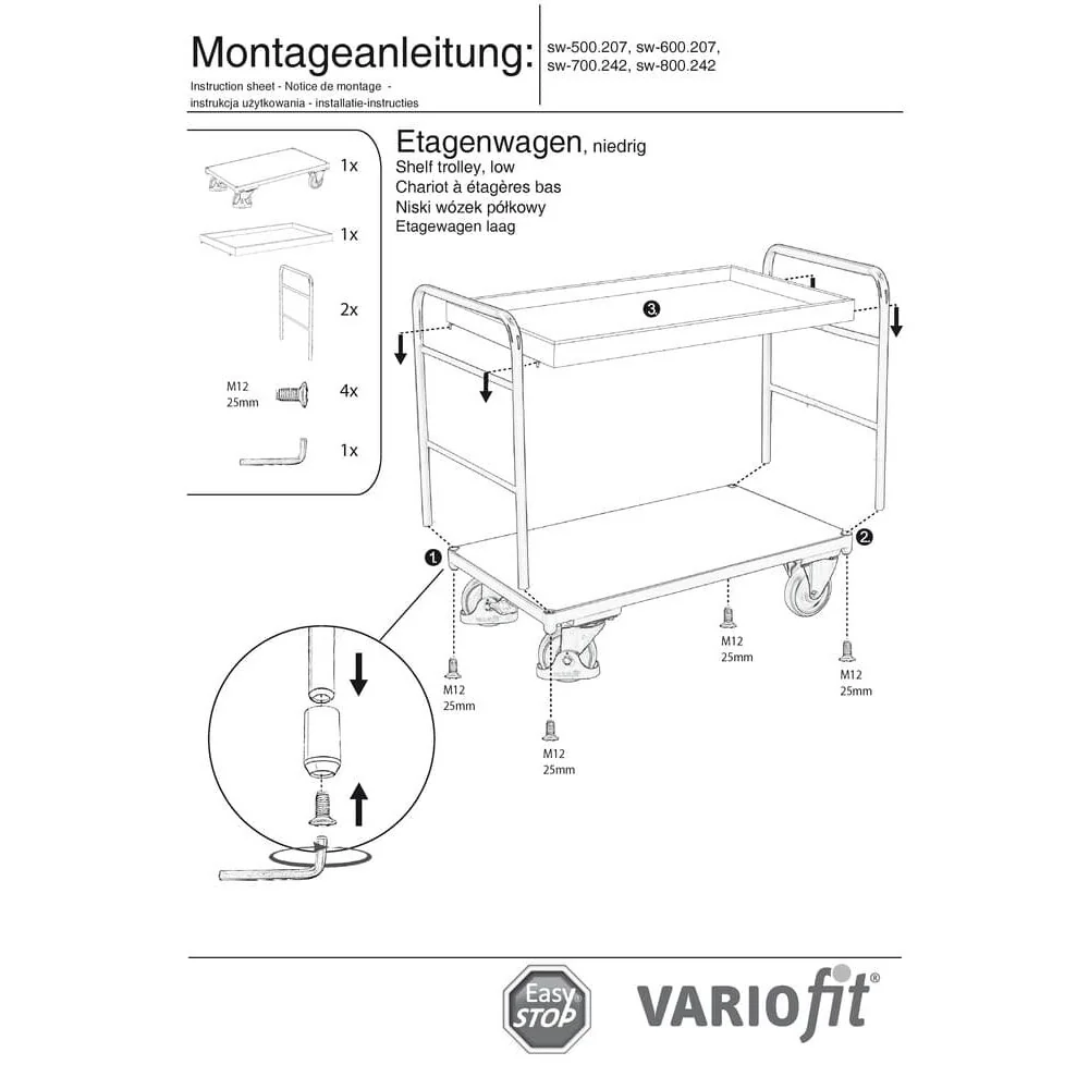 Etagenwagen mit 1 Tablett + 1 Boden 250 kg Typ S + EasySTOP-1