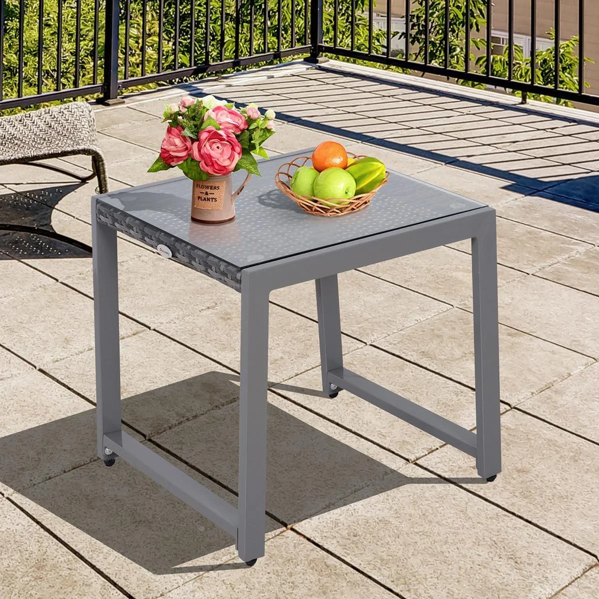 Polyrattan Gartentisch mit Hartglas grau - 4
