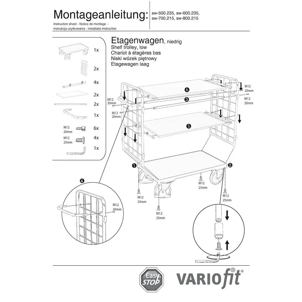 Paketwagen mit 2 Gitterwänden + 3 Böden 400 kg Traglast Typ S + EasySTOP-0