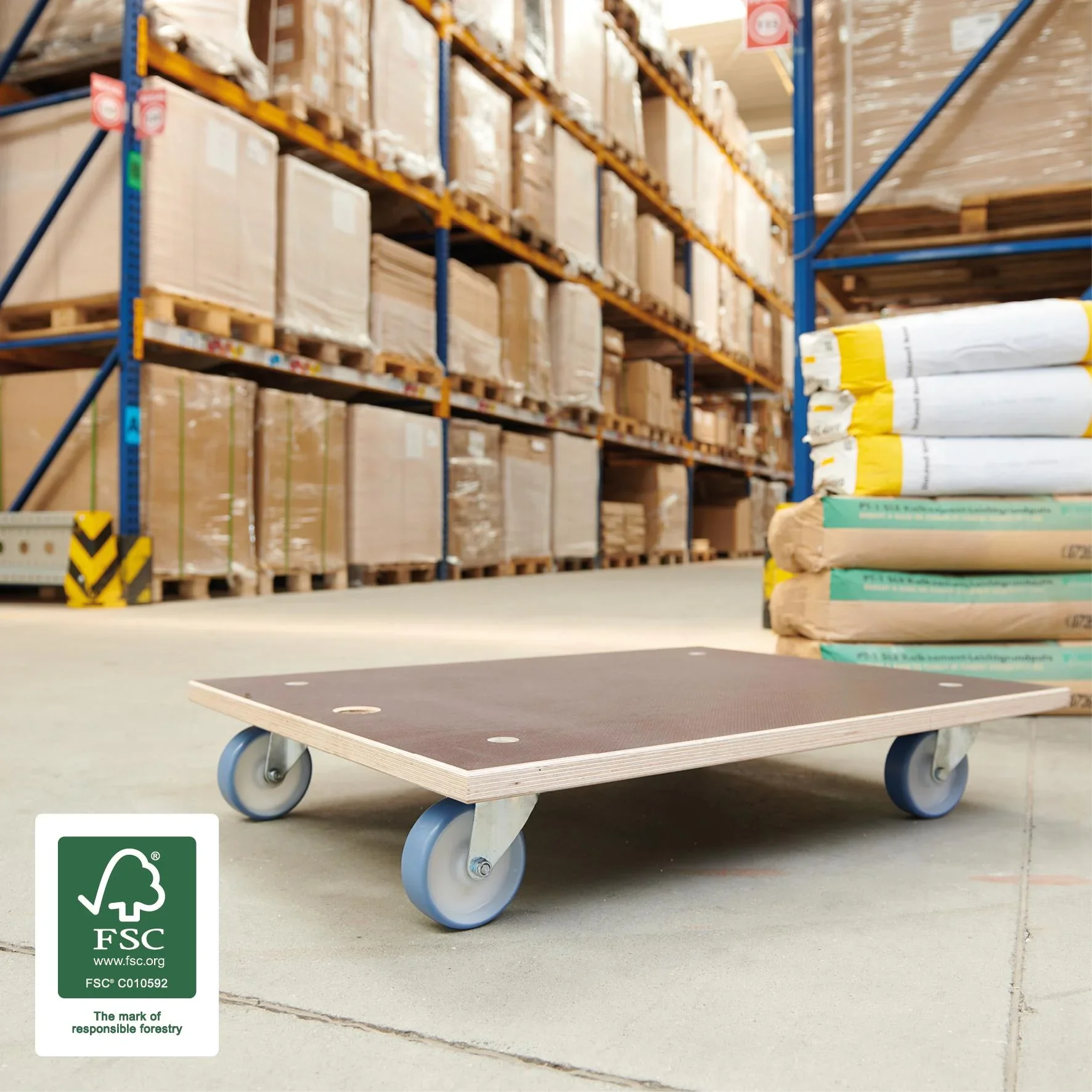 Transporthilfe MM 1147, 78 x 59 x 15 cm, softe Rollen Ø 100 mm, Rollenlager, Platte Maxigrip FSC®, Tragkraft 500 kg - 1