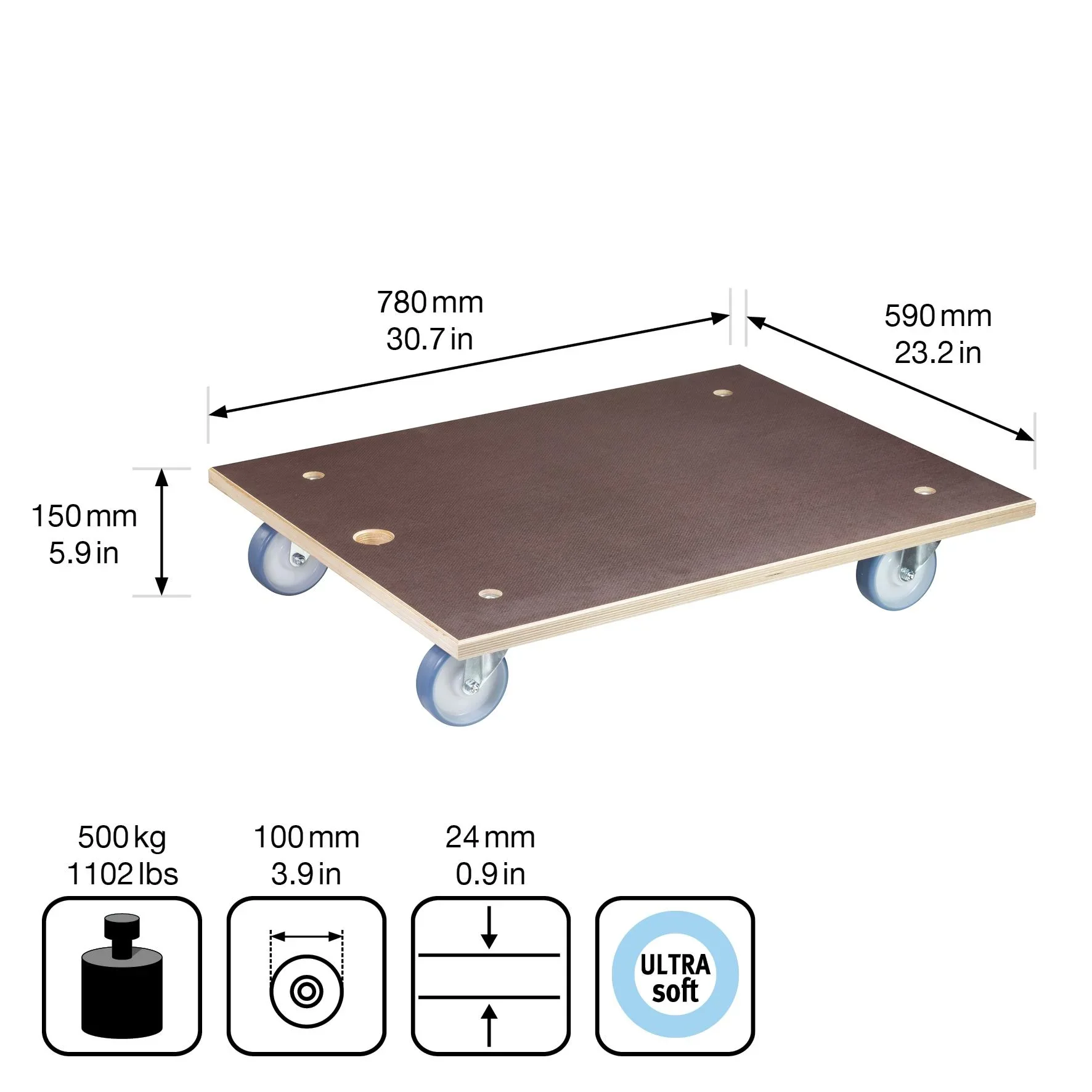 Transporthilfe MM 1147, 78 x 59 x 15 cm, softe Rollen Ø 100 mm, Rollenlager, Platte Maxigrip FSC®, Tragkraft 500 kg - 2