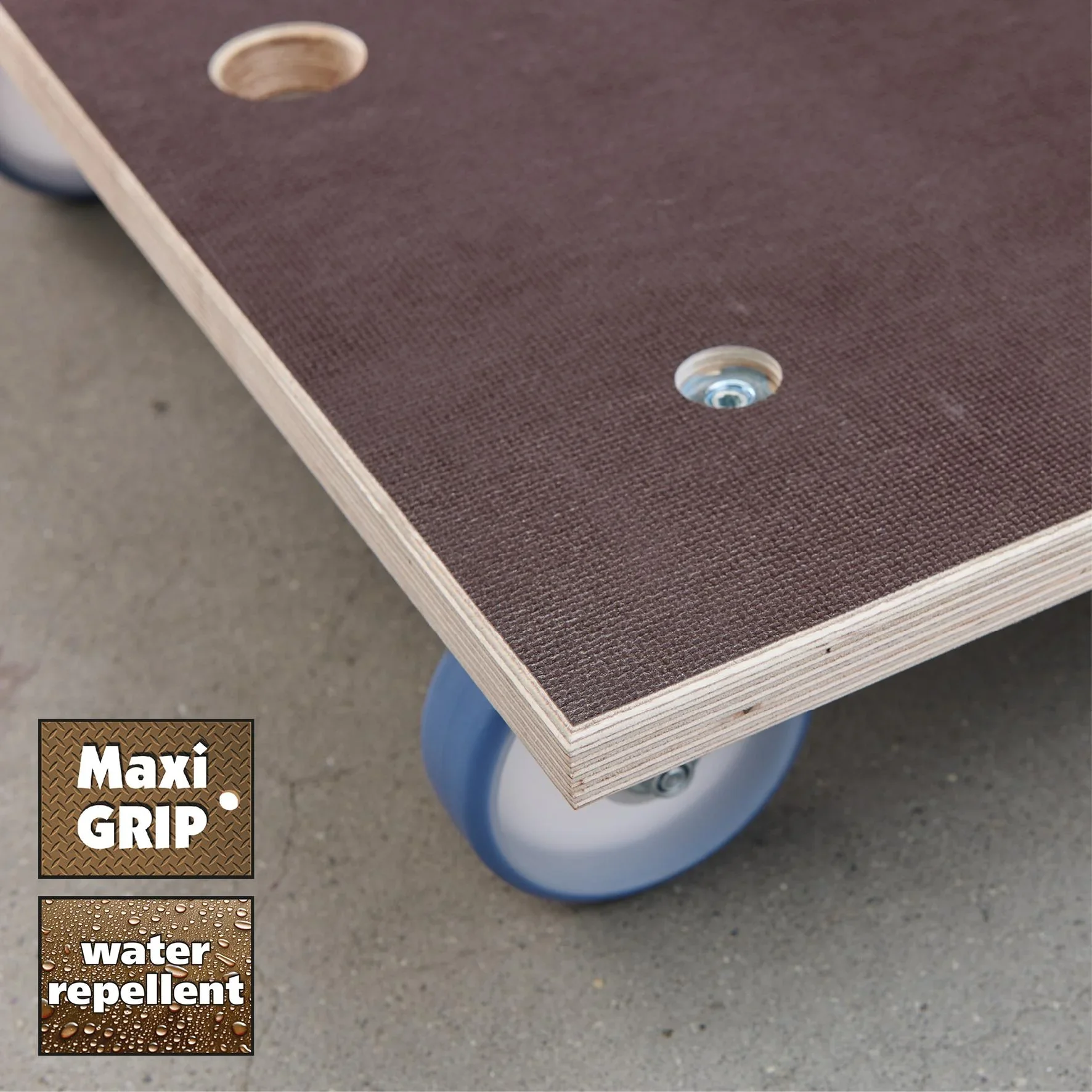 Transporthilfe MM 1147, 78 x 59 x 15 cm, softe Rollen Ø 100 mm, Rollenlager, Platte Maxigrip FSC®, Tragkraft 500 kg - 5
