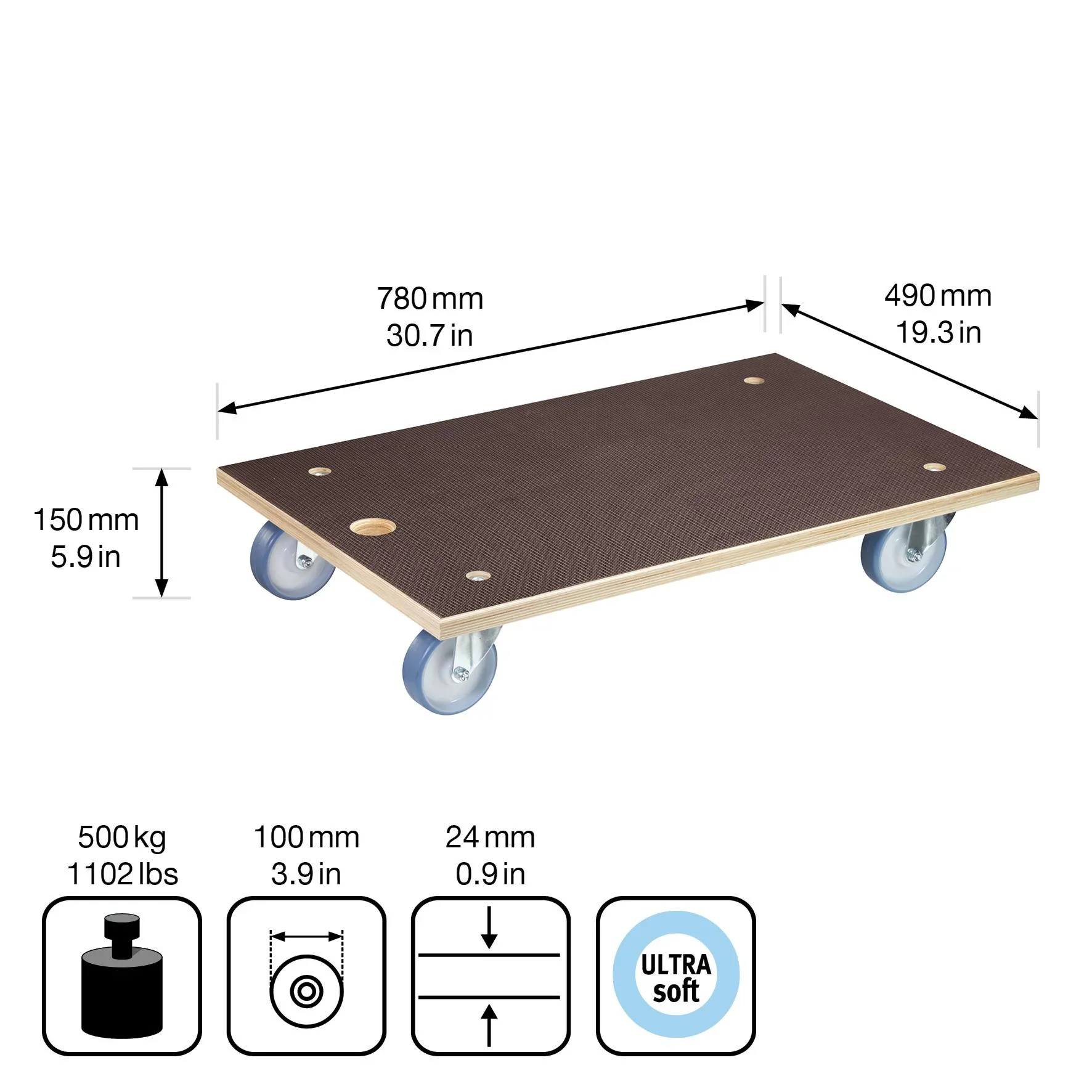 Transporthilfe MM 1146, 78 x 49 x 15 cm, softe Rollen Ø 100 mm, Rollenlager, Platte Maxigrip FSC®, Tragkraft 500 kg - 0