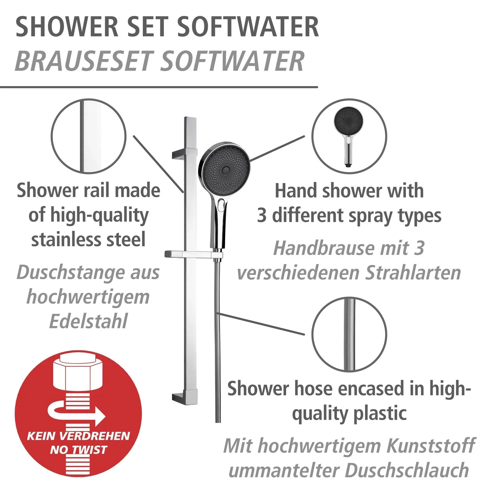Brauseset Softwater Chrom, Länge Stange: 68 cm - 1