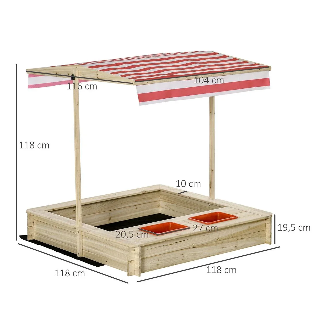 Sandkasten Holz Bodenloses Design mit absenkbarem und schwenkbarem Dach für 3-8 Jahre Kinder Natur 118 x 118 x 118 cm - 0