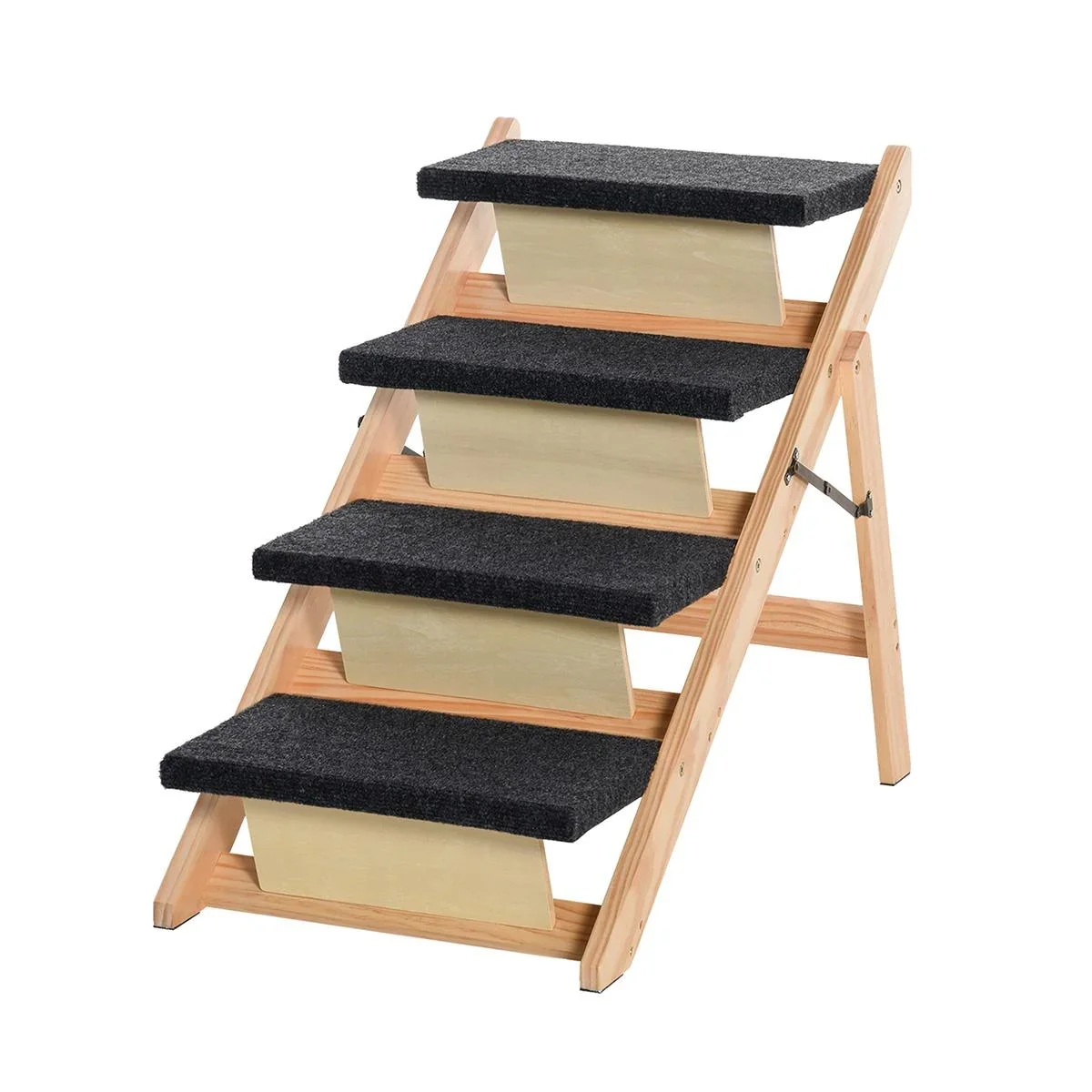 Haustiertreppe 2-in1 Hunderampe Katzentreppe Hundetreppe Faltbar Tiertreppe Kiefernholz Natur+Schwarz 80 x 47 x 64 cm - 2