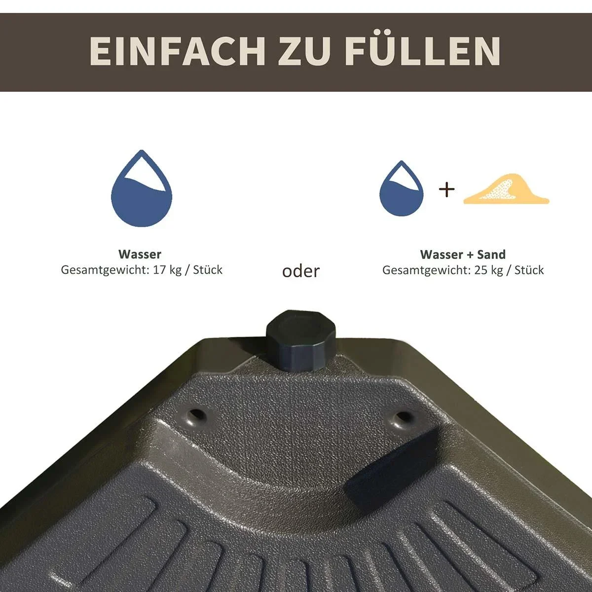 Schirmgewicht 4-tlg. Schirmständer mit 17 kg Wasser oder 25 kg Sand befüllbar HDPE Kaffee 100 x 100 x 10,5 cm - 2