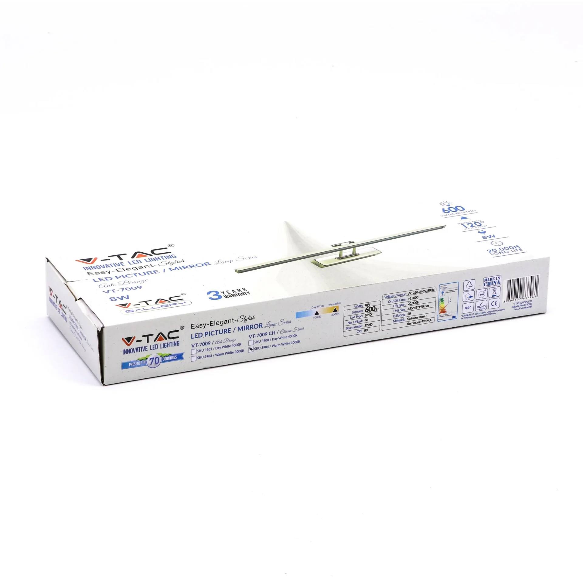 VT-7009CH Spiegelleuchte - 8W - einstellbar - Chrom - 3000K - 1