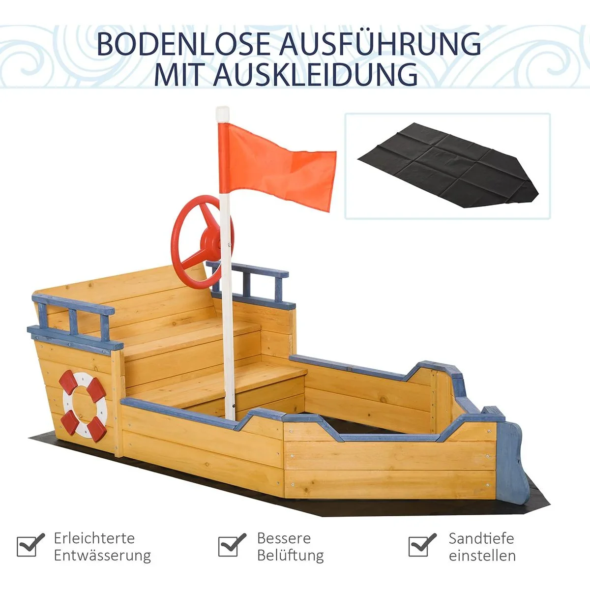 Holzspielboot für Kinder mit Sandkasten naur, blau - 2