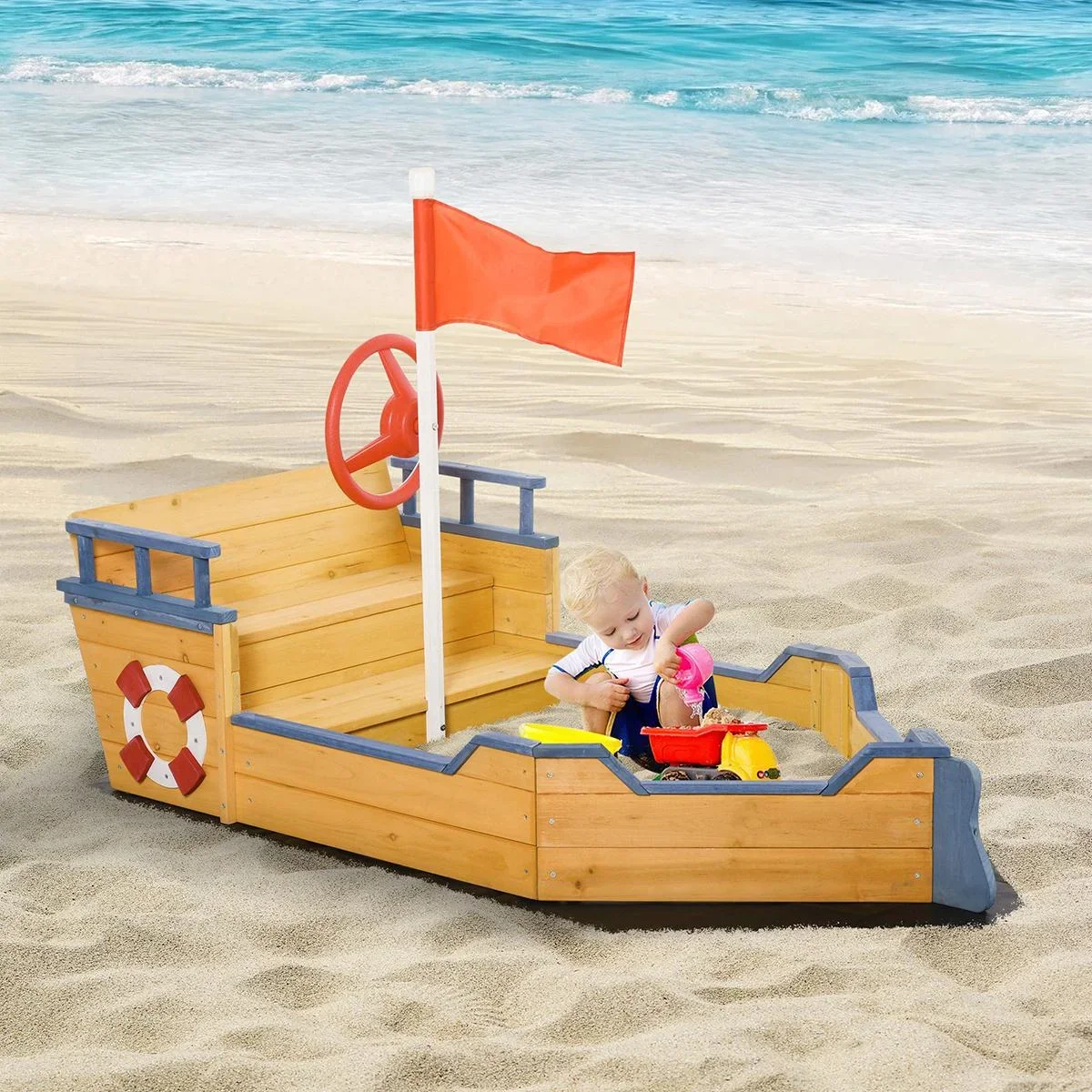 Holzspielboot für Kinder mit Sandkasten naur, blau - 5