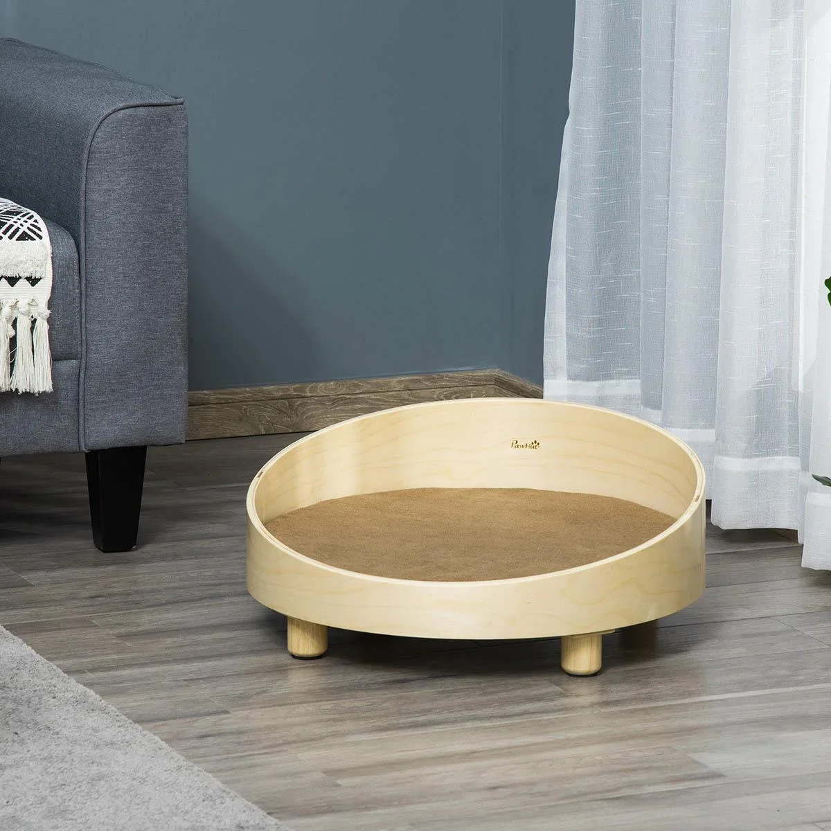 Erhöhtes Hundebett mit Kissen Rund für kleine Hunde Waschbarer Bezug Holzbeine Natur+Hellbraun Ø59 x 23,5 cm - 2