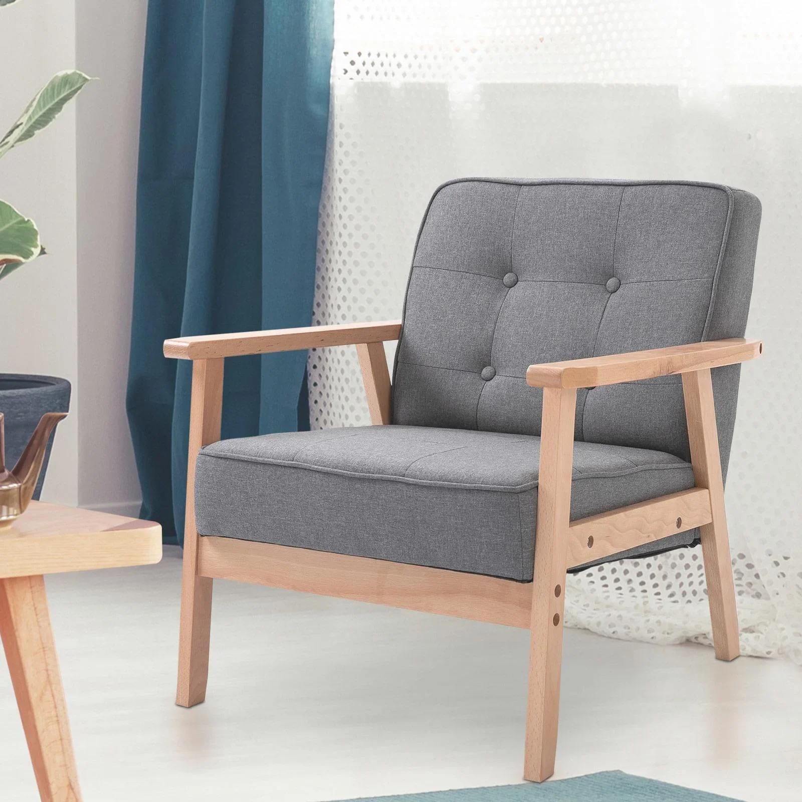 Einzelsofa Loungesessel Polsterstuhl mit Armlehnen Holzrahmen Leinen Grau 64,5 x 70 x 70 cm - 6