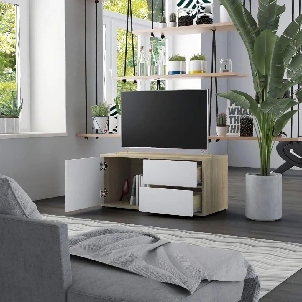 TV-Möbel 80x34x36 cm Spanplatte weiß und Sonoma-Eiche - 2