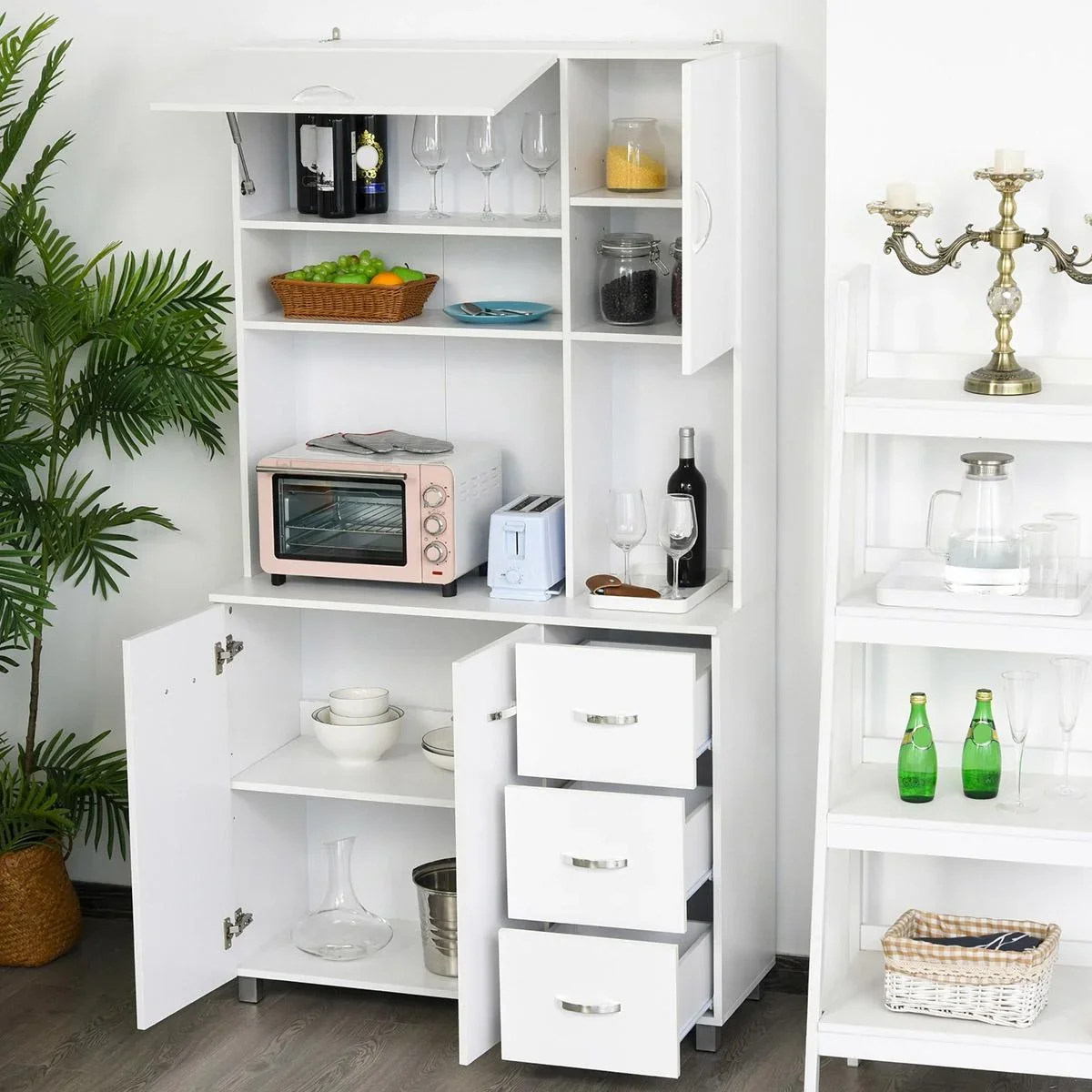 Küchenschrank Aufbewahrungsschrank Sideboard mit 3 Schubladen Hochschrank mit verstellbaren Ablagen Kommode Weiß 100x 39 - 2