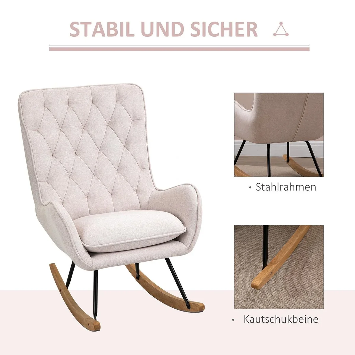 Schaukelstuhl Relaxstuhl Schwingsessel Schaukelsessel Leinen Stahl Cremeweiß 69 x 90 x 100 cm - 3