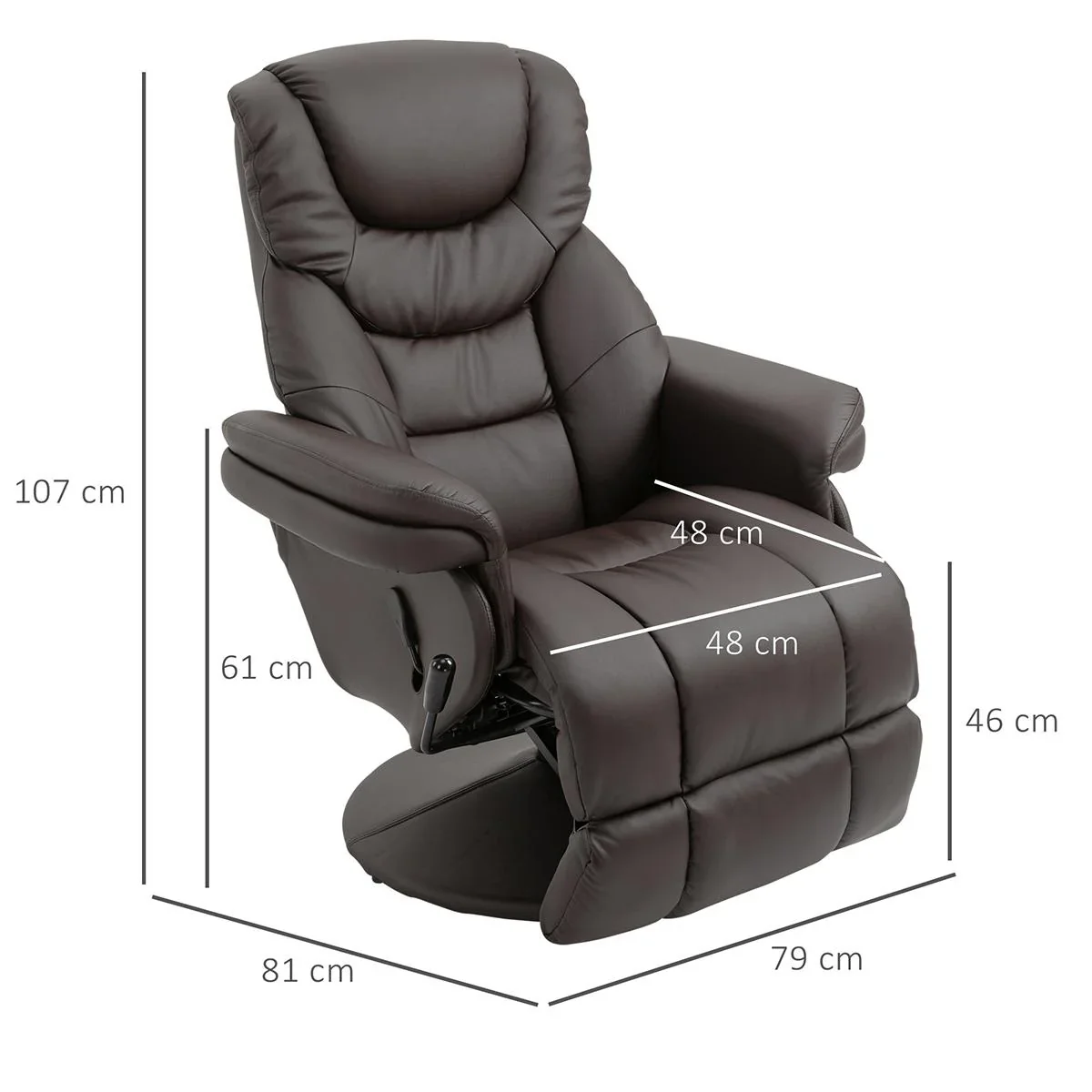 Relaxsessel, Fernsehsessel, Einzelsofa 135 °Neigung, Stahl+PU+Schaumstoff+Kunststoff, Braun, 79 x 81 x 107 cm - 1