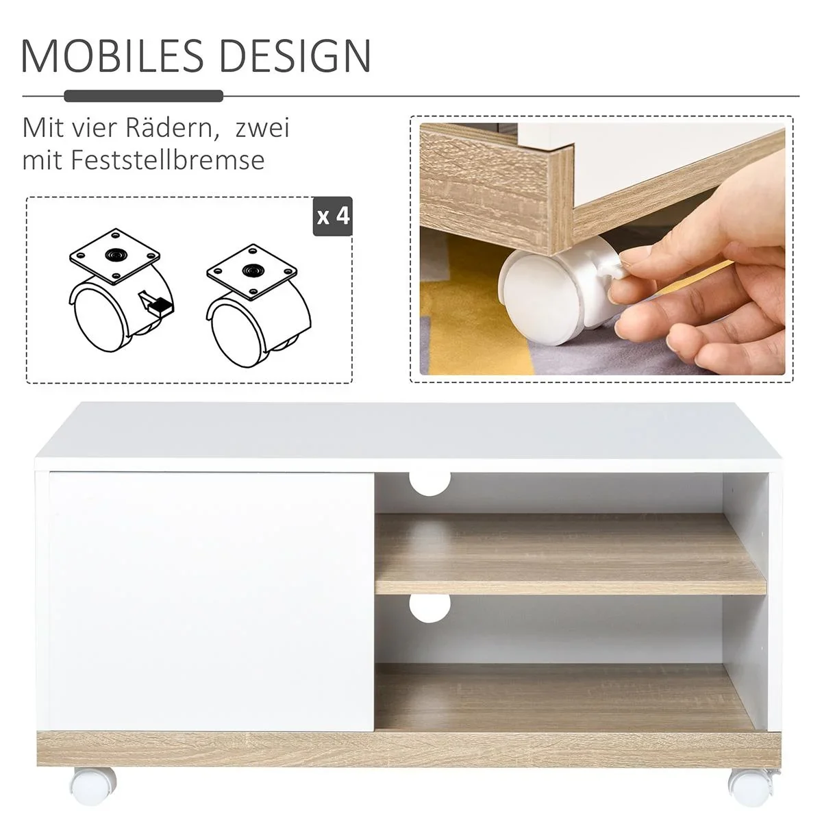 TV Schrank TV-Ständer mit 2 Rollen Spanplatte, Weiß, 80 x 45 x 39,5 cm - 3
