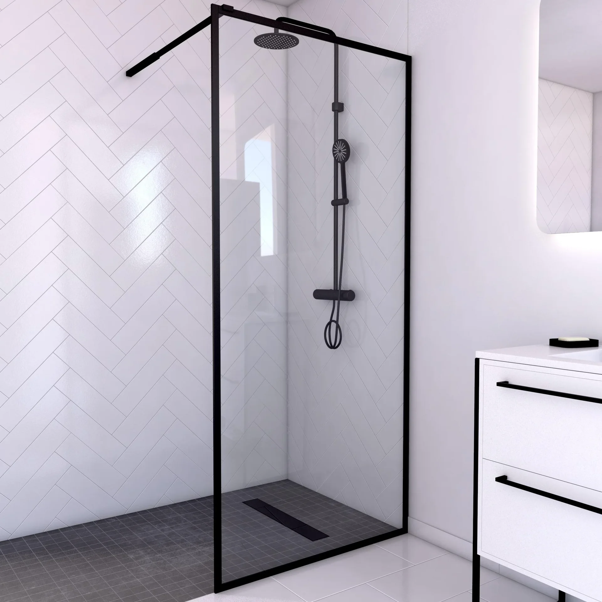 Walk-IN Glas-Duschwand 90 x 200 cm, Duschabtrennung mit barrierefreiem Einstieg inklusive Halterungsstange, matt schwarz - 3
