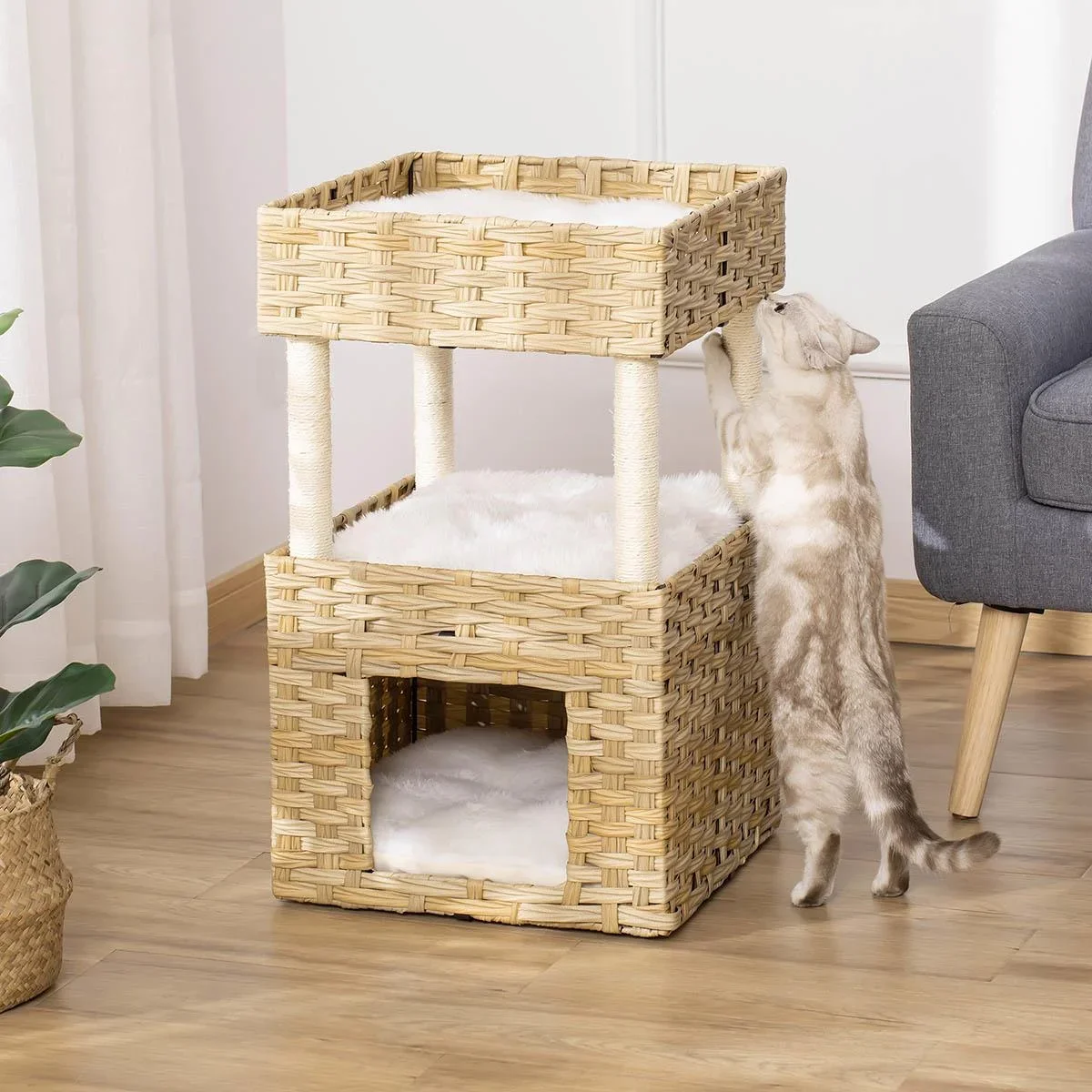 Rattan Katzenkorb 3-stöckiges Katzenbett Katzenhöhle Katzenturm mit 3 Kissen Liegedach Sisal Natur 40 x 40 x 70 cm - 0