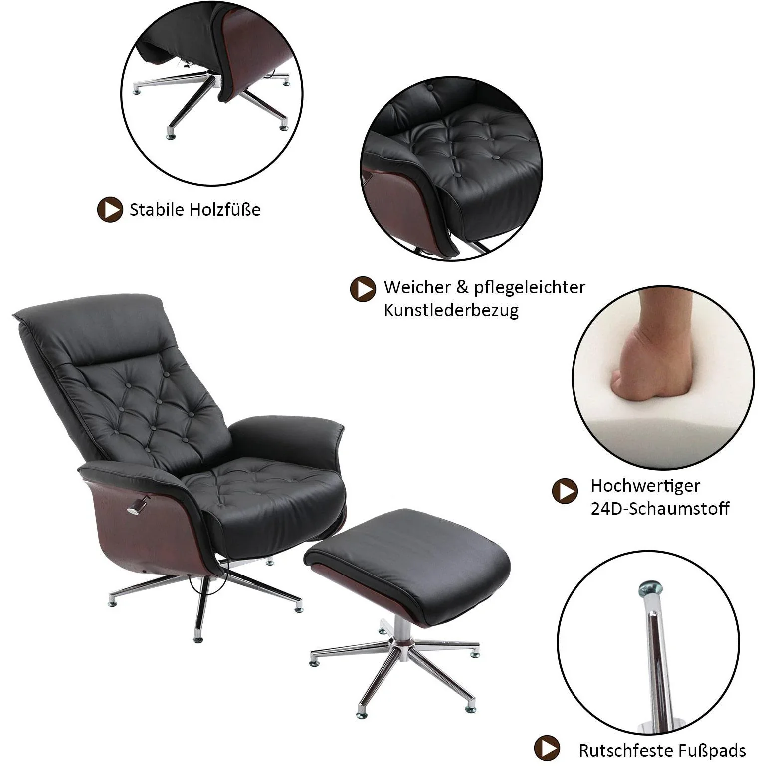Relaxsessel mit Hocker Fernsehsessel Polstersessel 360° drehbar 135° neigbar Chesterfield - 1