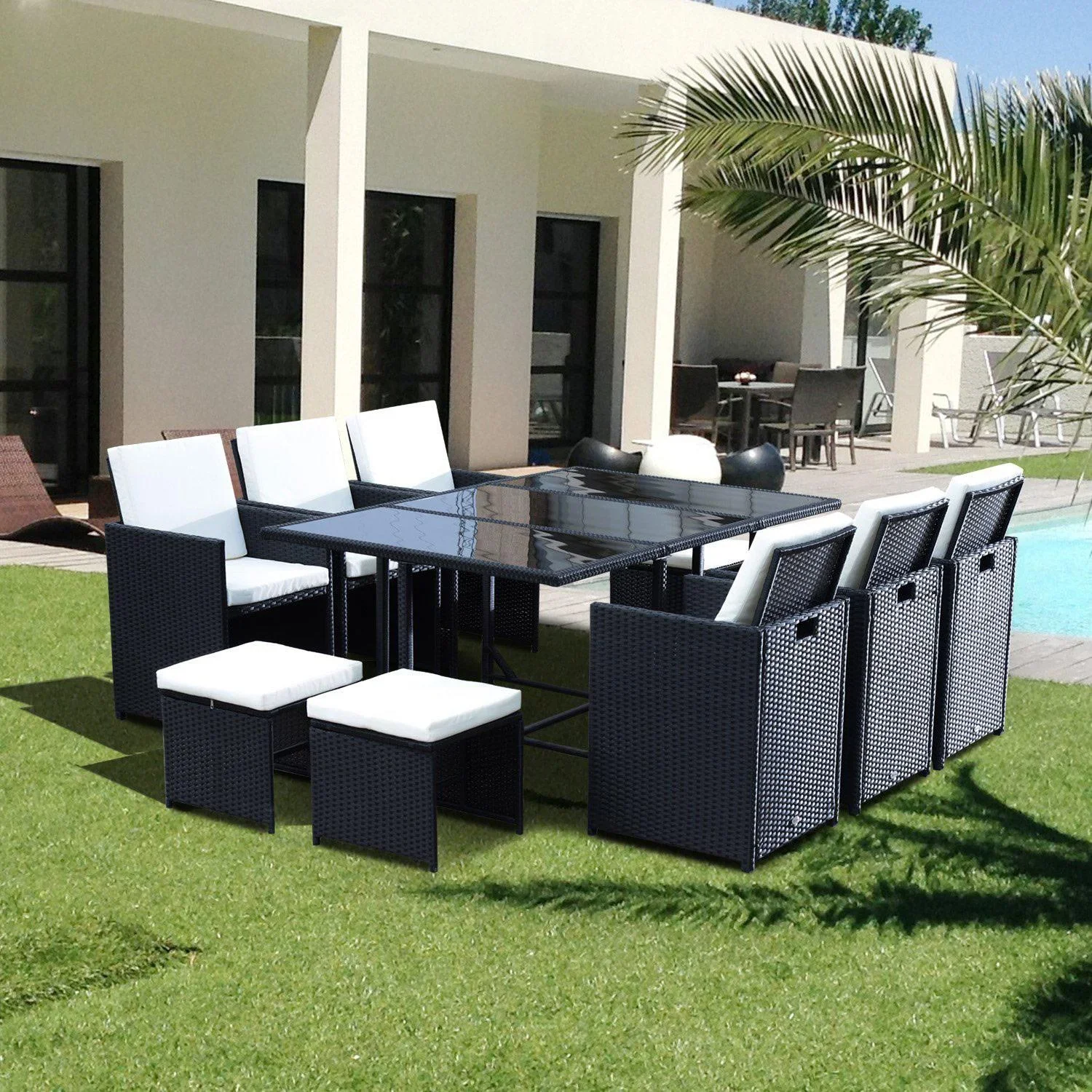 Polyrattan Gartenmöbel 27 tlg. 6 Stühle 4 Hocker mit Kissen - 0