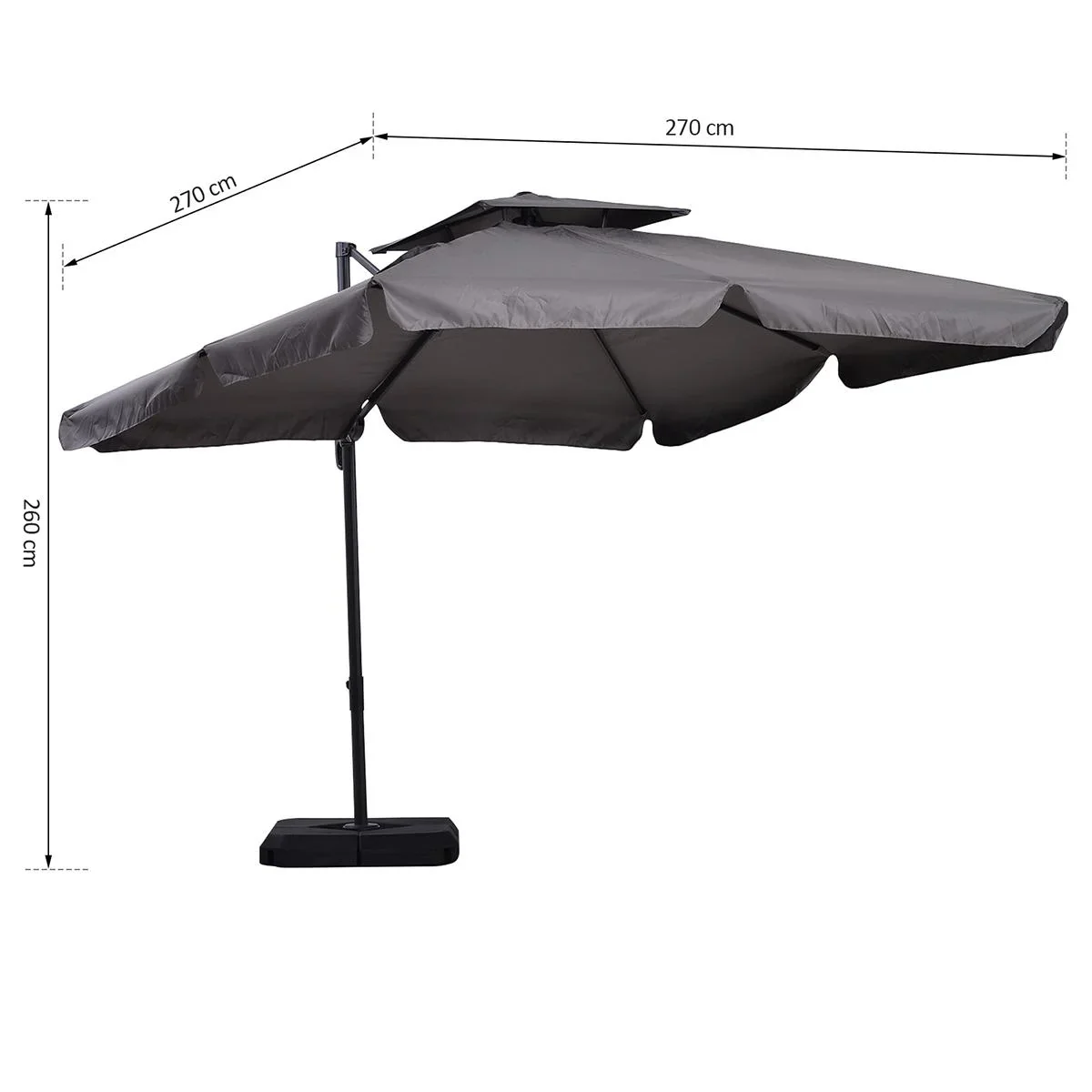 Sonnenschirm UV50+ Ampelschirm Roma Schirm mit Ständer und 4 Gewichten inkl. Schutzhaube Alu Grau 270 x 270 x 260 cm - 2