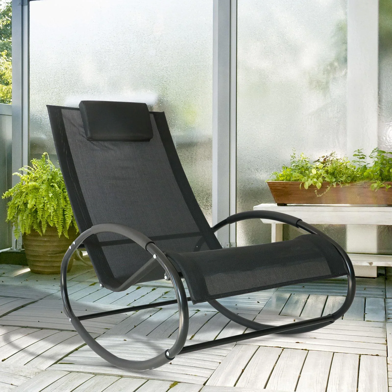Schaukelstuhl Schaukelliege Gartenliege Schwungliege 1 x Kopfkissen wetterfest Schwarz bis 120 kg 105 x 62 x 88 cm - 0